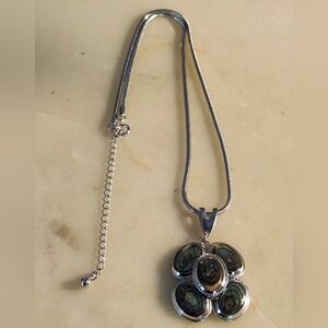 Silver Tone Necklace With Abalone Shell Cluster Pendant